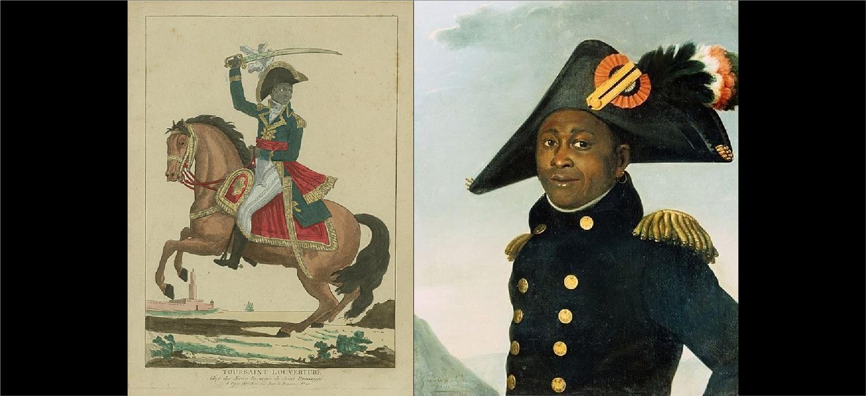  Louverture in a military uniform, riding a horse, holding a sword over his head. The image on the right is a close up. 