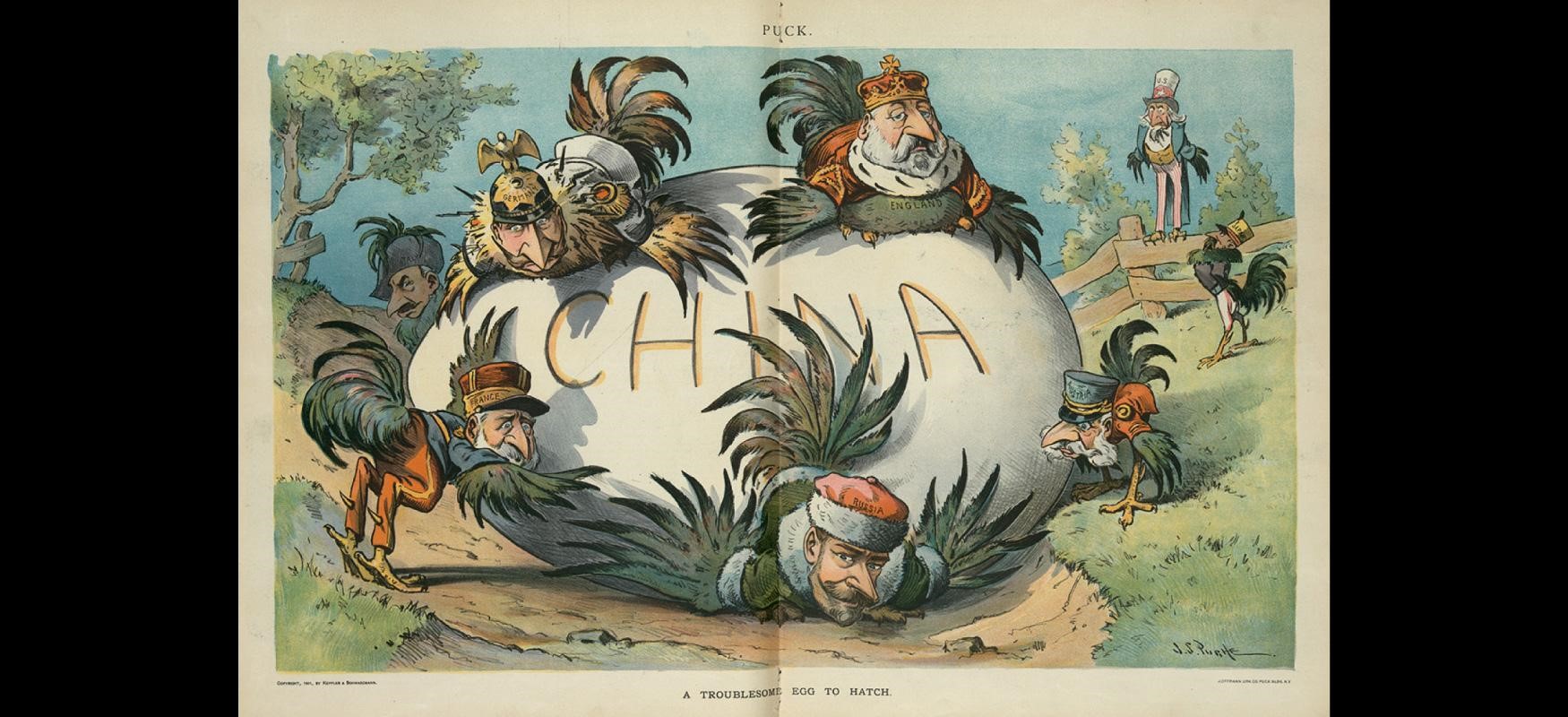 A  egg labeled “China” with chickens representing European countries fighting over it