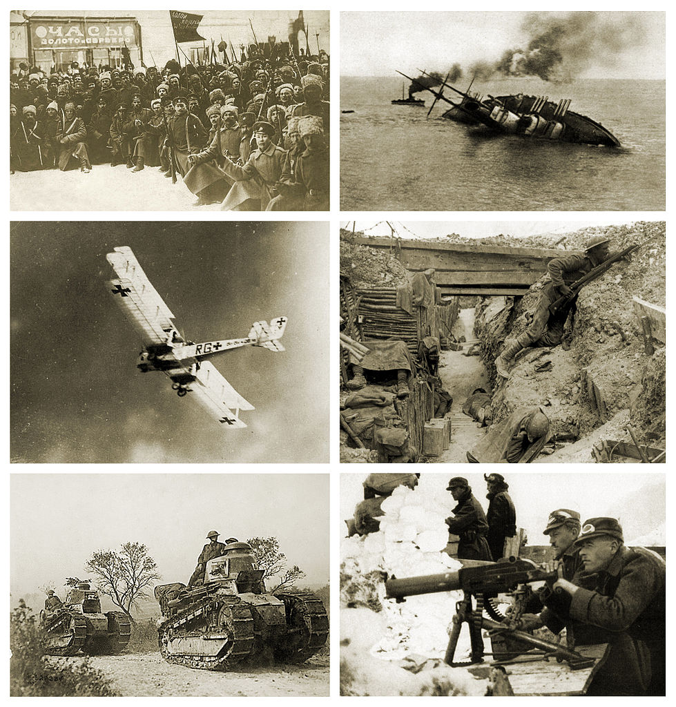 Collage of six images from WWI, soldiers, airplanes, men in trenches, a sinking ship, tanks, men with machine guns, 