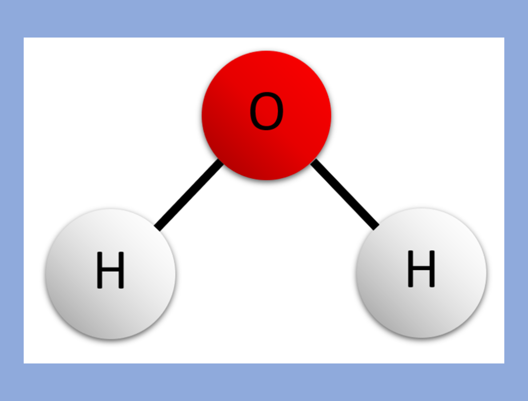 A structural model of a water molecule showing the bonds between a single oxygen and two hydrogen atoms.