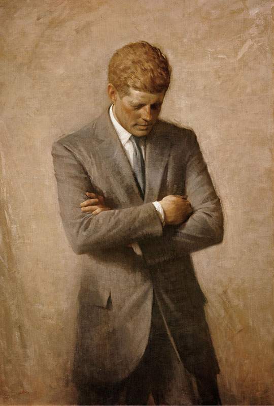 In Aaron Shikler’s official portrait of John Fitzgerald Kennedy (1970), the president stands with arms folded