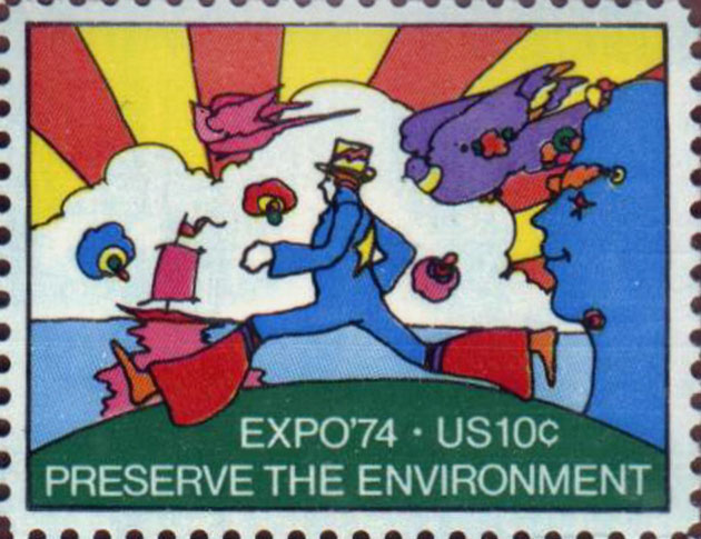 Pop artist Peter Max designed this postage stamp to commemorate Expo ‘74, a world’s fair held in Spokane, Washington.