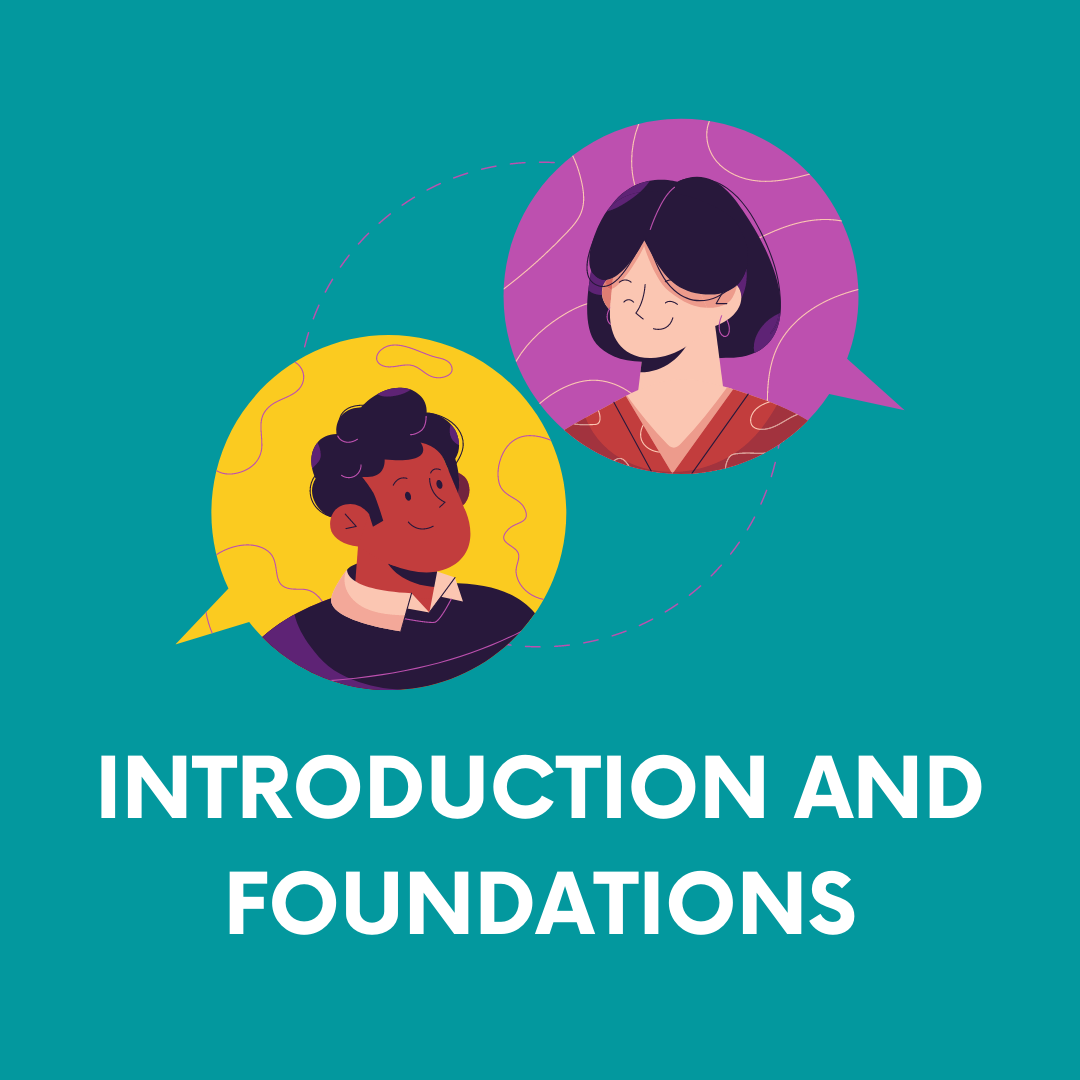 Text: Introduction and Foundations
Picture: two speech bubbles, one with a male and one with a female