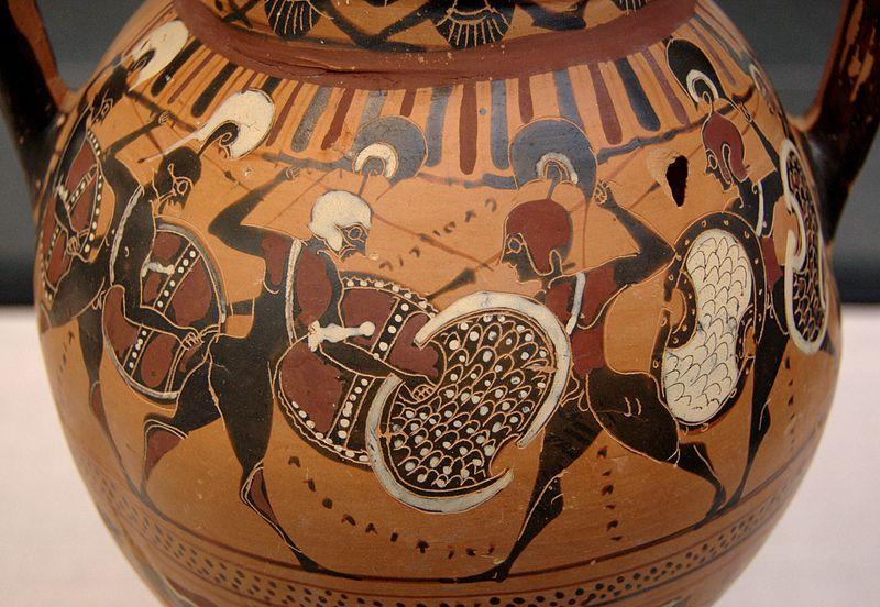 Depiction of a battle between phalanxes of hoplites from rival poleis, dating from c. 560 BCE. The clay vessel is an amphora,