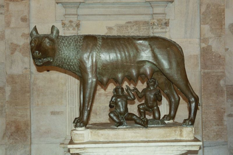 Replica of an Etruscan-era statue of Romulus and Remus suckling from the wolf.