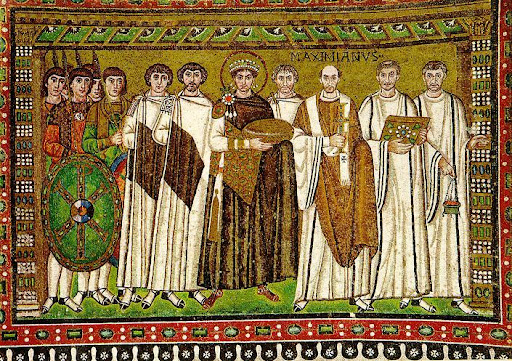 The best-known surviving depiction of Justinian from a mosaic in Ravenna, Italy.  In the mosaic, Justinian is dressed in the 