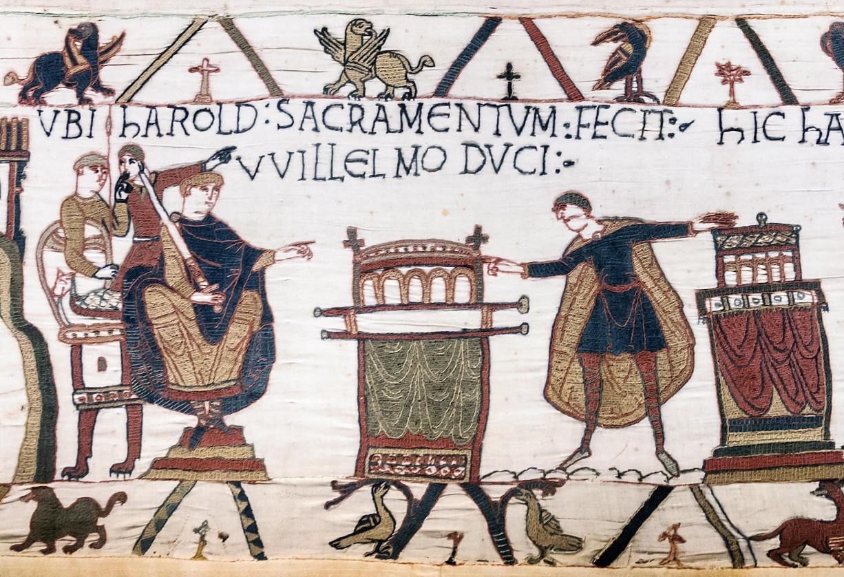 Depiction of a feudal pledge of fealty from Harold Godwinson, at the time a powerful Anglo-Saxon noble and later the king of 