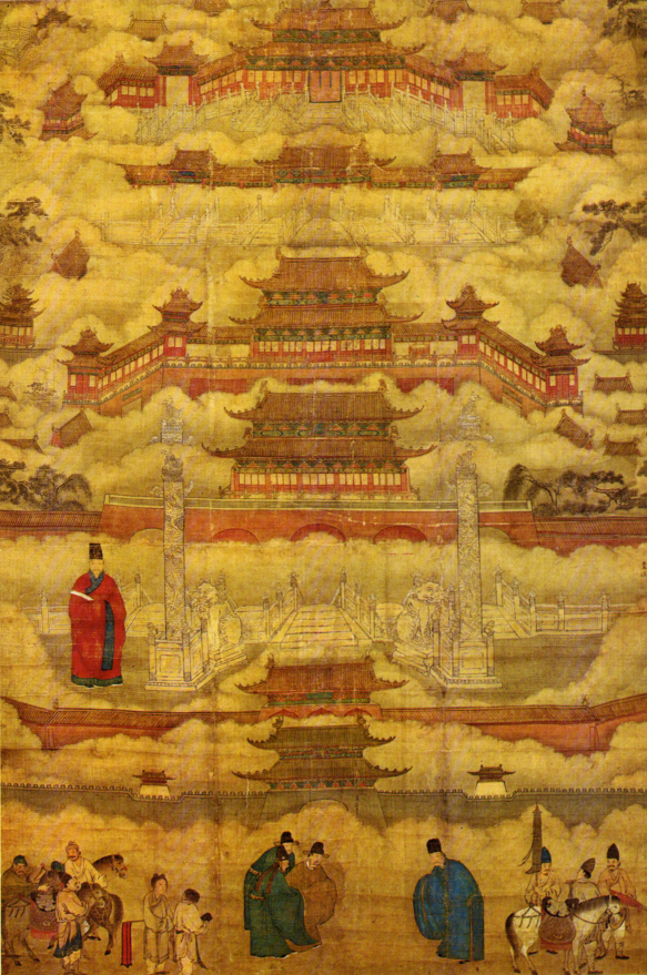 Stylized painting of The Forbidden City with buildings in clouds and people in ceremonial dress with some on horses. 