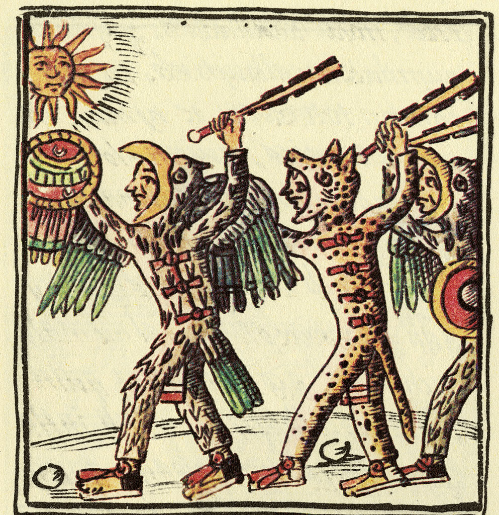 Aztec Warriors in animal-like clothing (Eagle on left, Jaguar on right) brandishing weapons upwards towards the sun. 