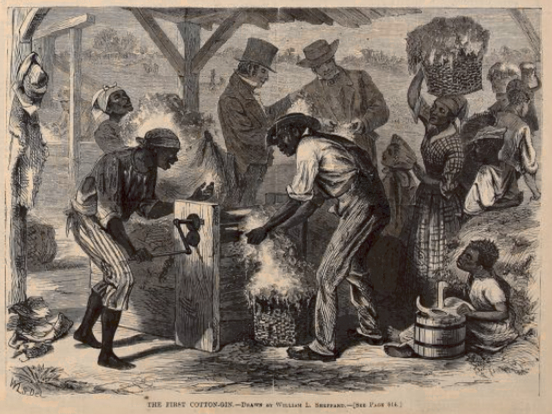 Enslaved men, women, and children working a cotton gin 