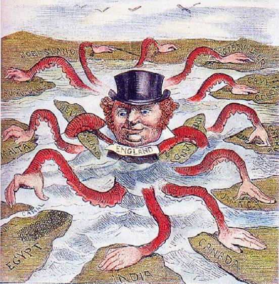 Head of man (England) wearing top hat with 11 tentacled arms protruding from head with hands on various countries 